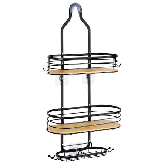 NEX™ Black Stainless Steel & Bamboo Hanging Caddy Shower Organizer with Hooks